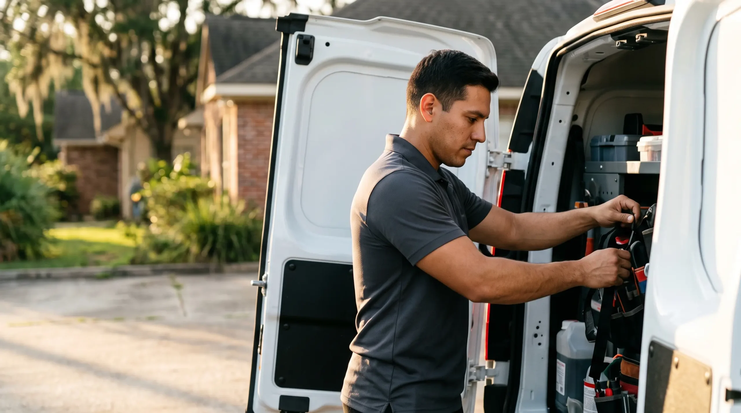 A man in a gray polo shirt reaches into the open back of a white van parked outside a brick house.