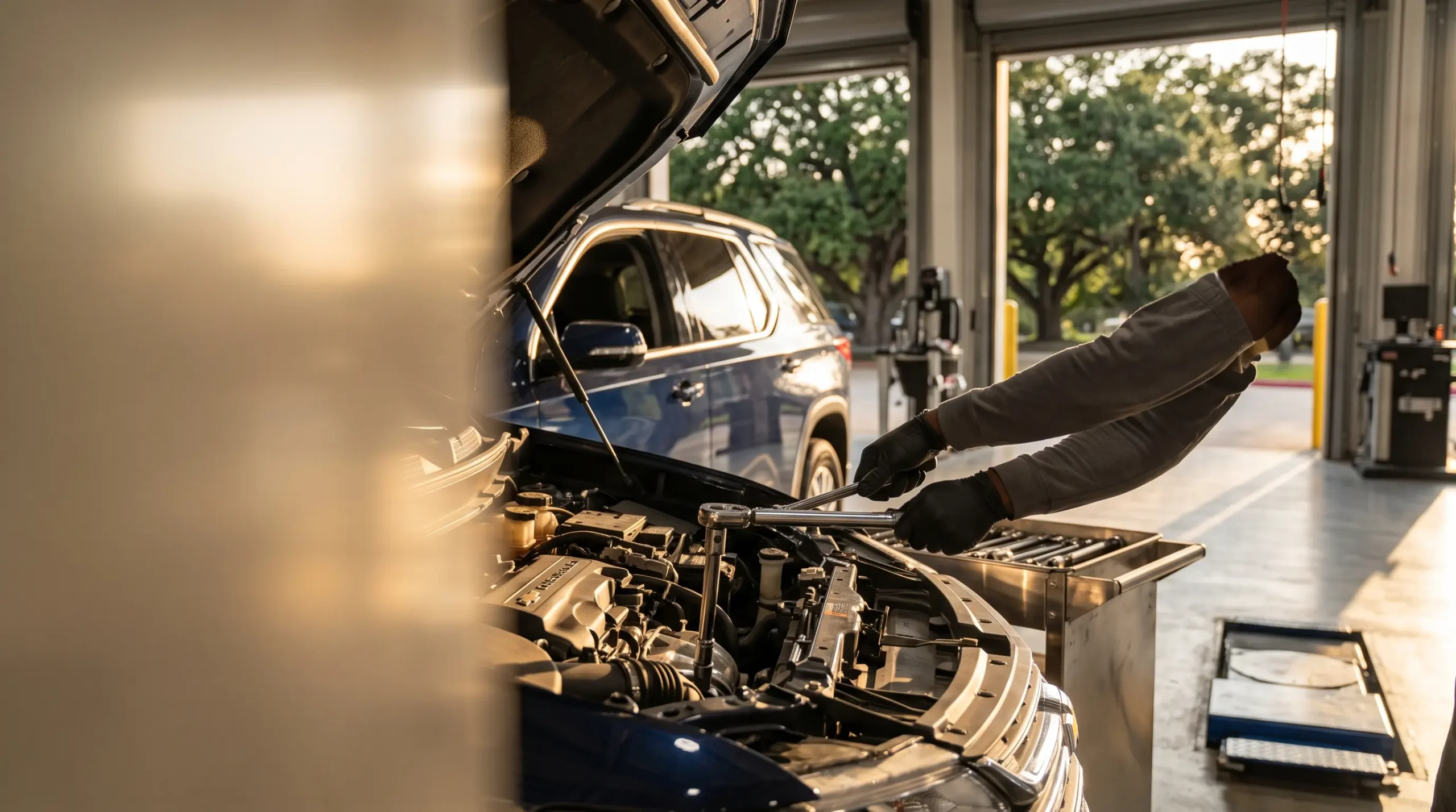 A mechanic in black gloves works with a socket wrench on a car engine inside a garage bay.